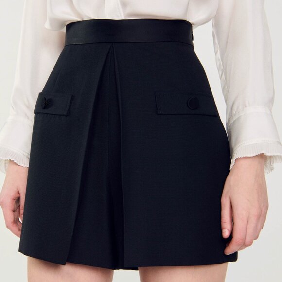 Sandro Pants - SANDRO Hugo High Waist Button Detail Pleat Shorts in Black Academia Quiet Luxury
